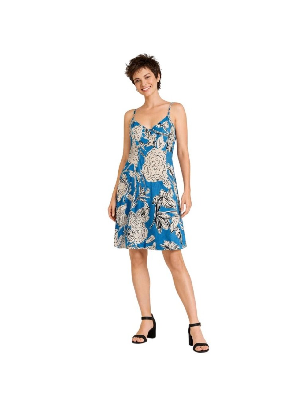 ZARA Blue & White Medium Floral Linen Blend V Neck Sleeveless Dress